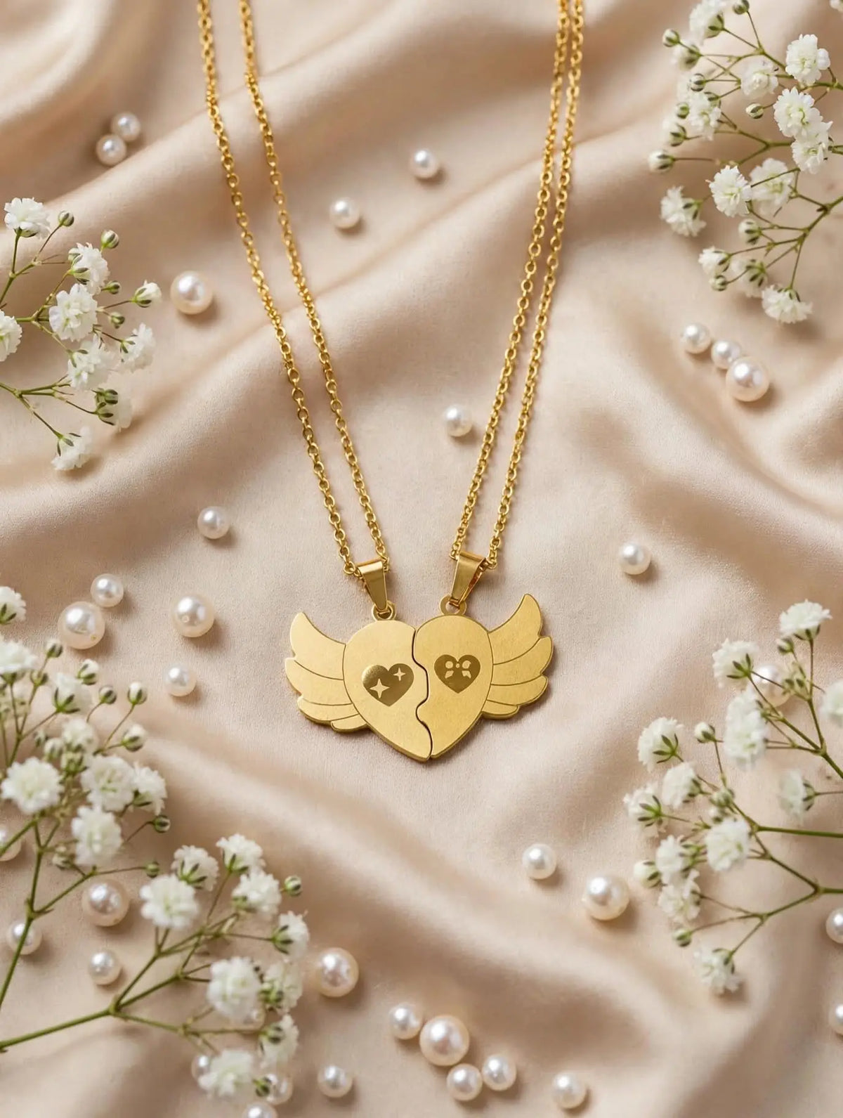 Golden angel wings puzzle heart necklace - matching couple BFF necklace set Luvora
