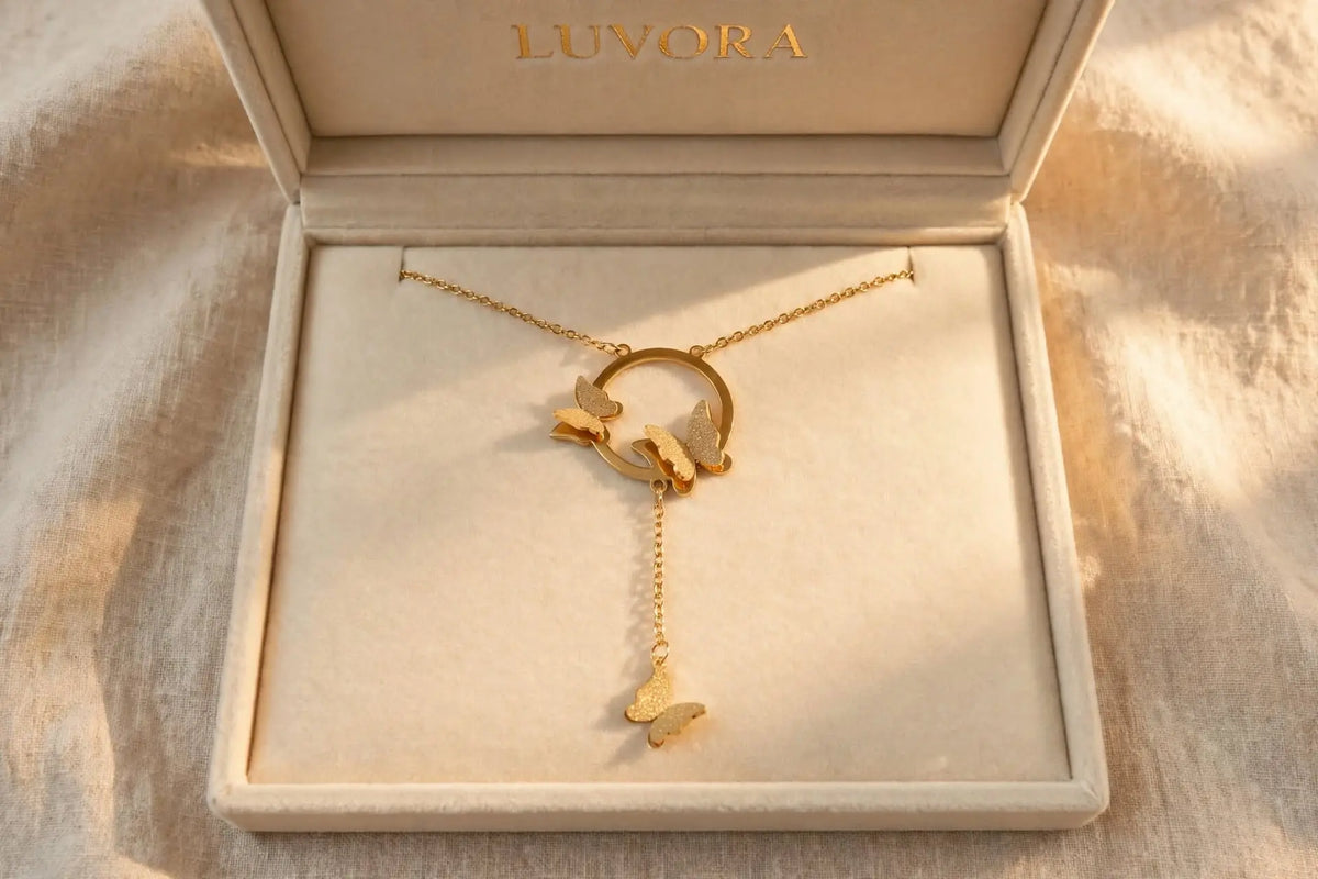 LUVORA butterfly lariat necklace - 18k gold plated butterfly drop necklace for women