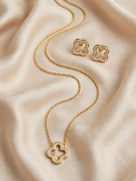 LUVORA hollow clover necklace and earrings set with diamond border