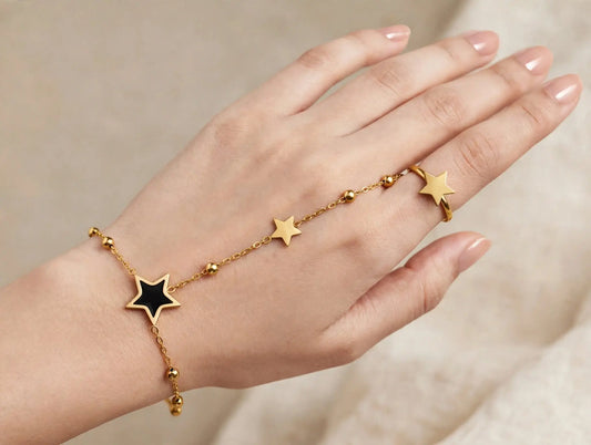 LUVORA Midnight Star Hand Chain Bracelet with Ring - 18k Gold Plated Stainless Steel Black Enamel Star Anja for Women