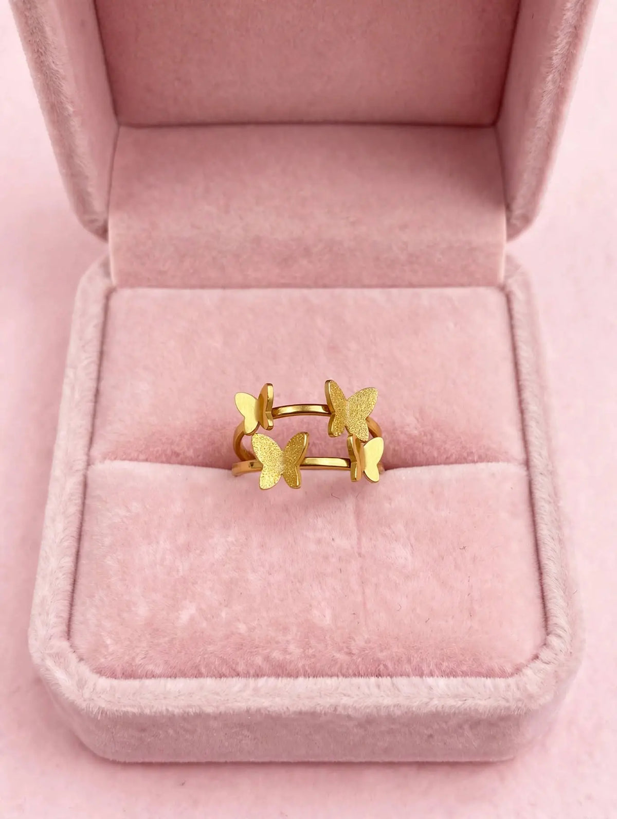 Golden 4 butterfly adjustable ring in pink velvet box - stainless steel anti tarnish - LUVORA Pakistan