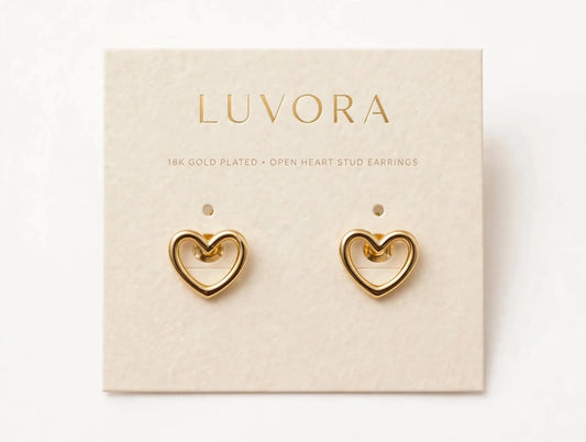 LUVORA 18K Gold Plated Open Heart Stud Earrings on Display Card