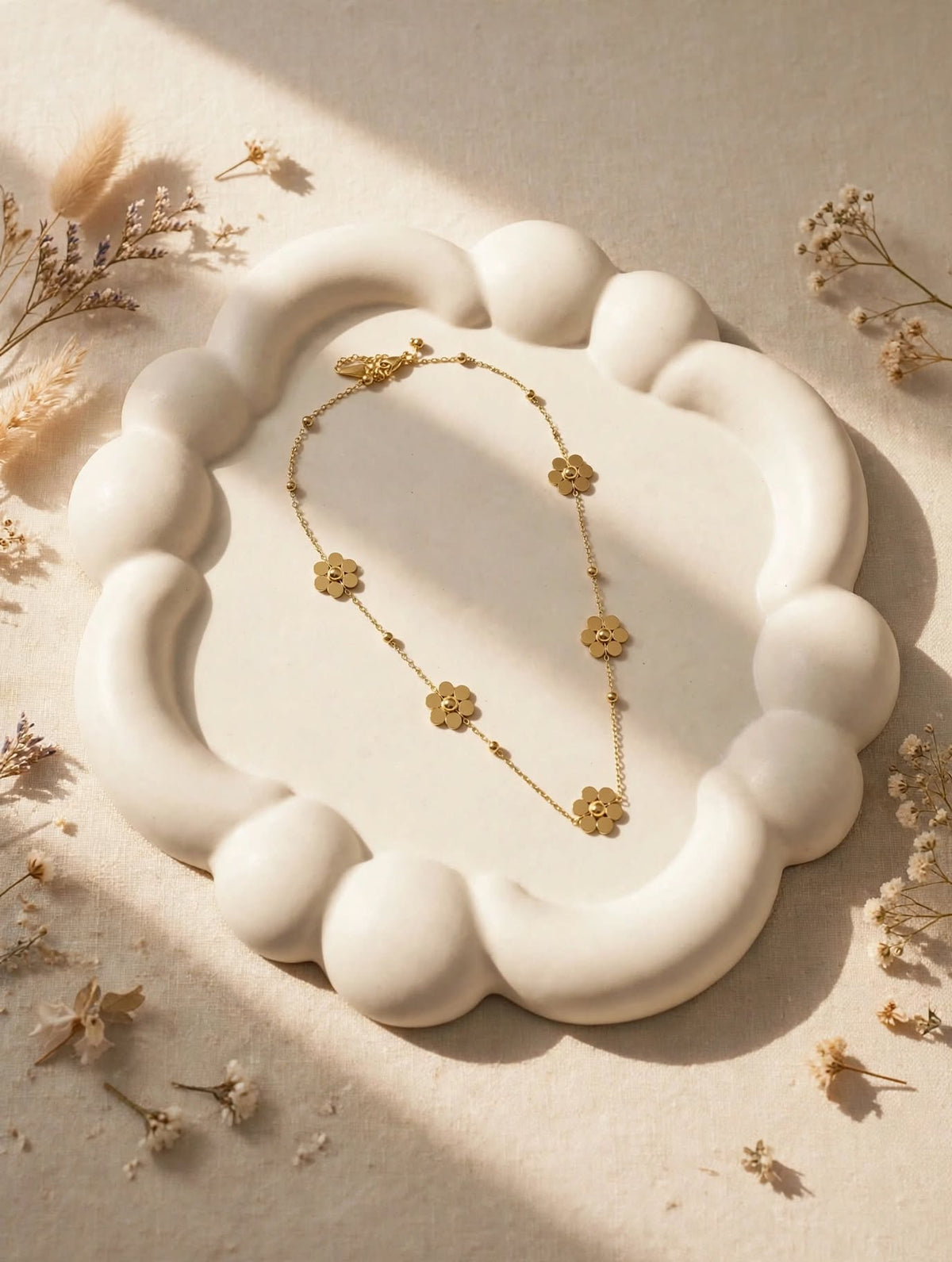 LUVORA 5 petal gold flower necklace minimal dainty chain with small gold flowers - anti tarnish waterproof jewelry Pakistan