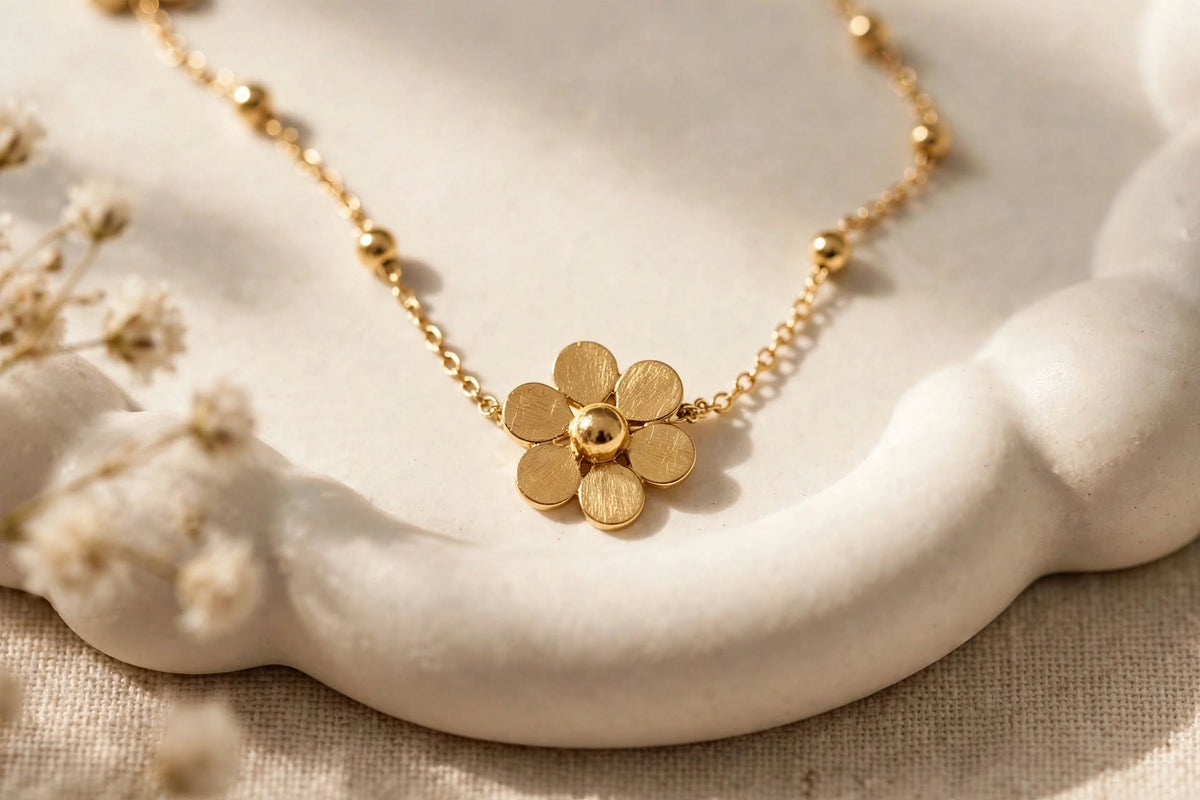 LUVORA 5 petal gold flower necklace minimal dainty chain with small gold flowers - anti tarnish waterproof jewelry Pakistan