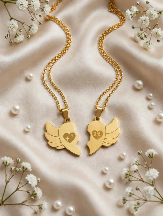wo golden angel wings heart puzzle pendants - couple and best friend necklace set by LUVORA