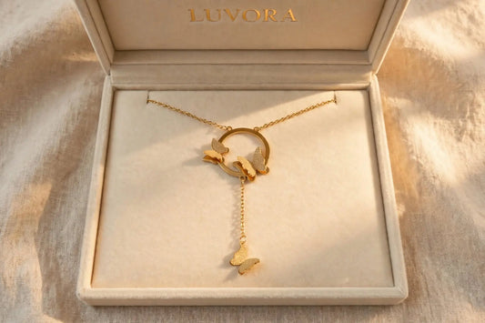 LUVORA butterfly lariat necklace - 18k gold plated butterfly drop necklace for women