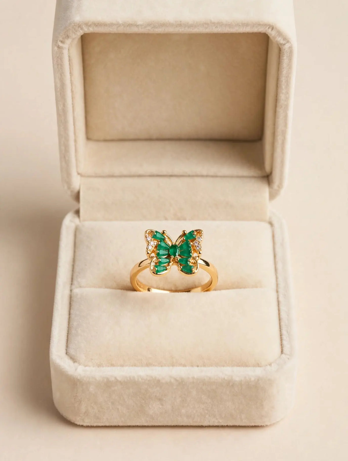 LUVORA Emerald Butterfly Ring Gold - adjustable anti-tarnish stainless steel green crystal butterfly ring for women Pakistan
