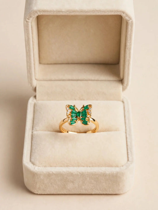 LUVORA Emerald Butterfly Ring Gold - adjustable anti-tarnish stainless steel green crystal butterfly ring for women Pakistan