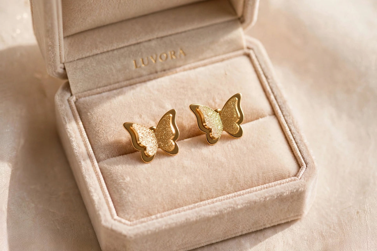 LUVORA Golden Glitter Butterfly Stud Earrings  - anti tarnish gold earrings for women