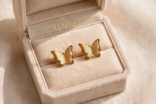 LUVORA Golden Glitter Butterfly Stud Earrings  - anti tarnish gold earrings for women