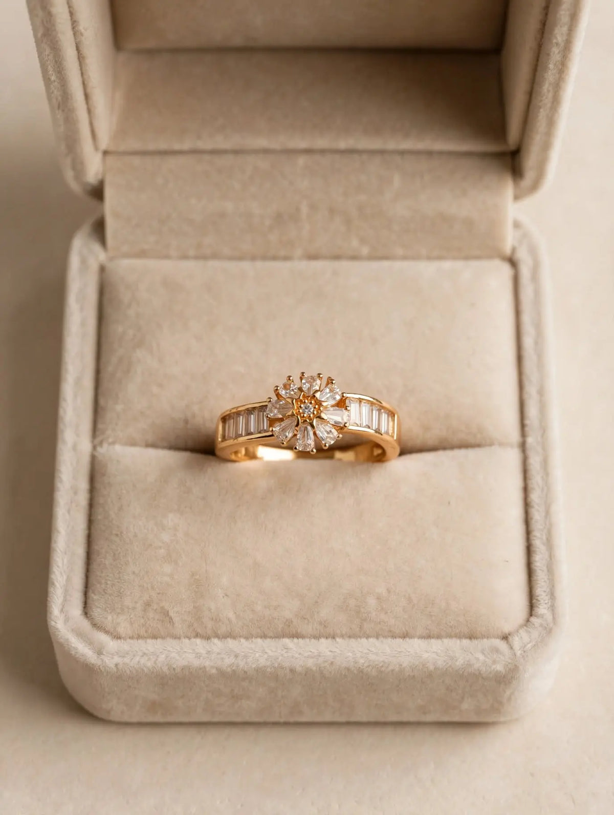 LUVORA Gold Floral Ring in Beige Velvet Box