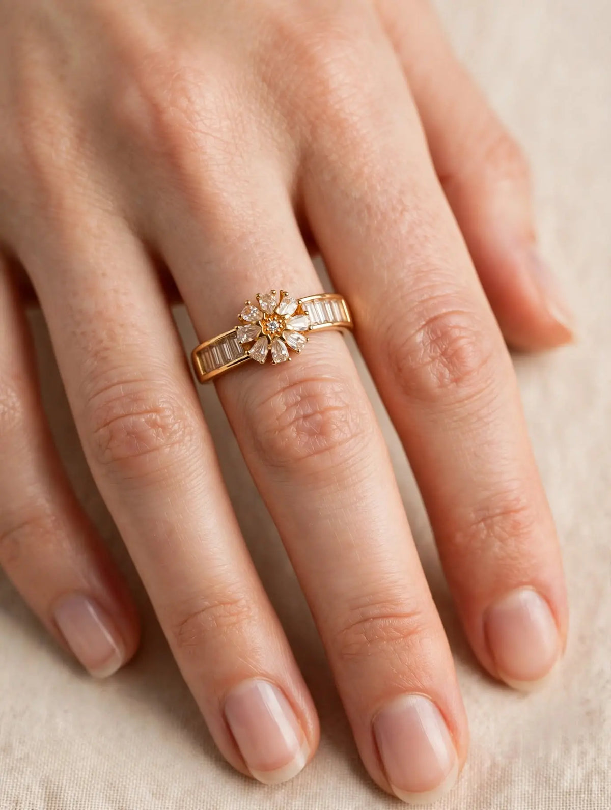 LUVORA Gold Floral Ring on Middle Finger White Hand Model