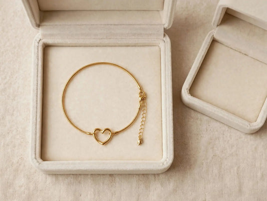 LUVORA Gold Heart Bracelet in cream velvet jewelry box - anti tarnish waterproof bracelet for women